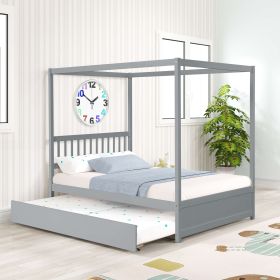 Full Size Canopy Bed With Twin Trundle, Kids Solid Wood Platform Bed Frame With Headboard, No Box Spring Needed Grey Color