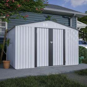 10X8 FT Outdoor Storage Shed, All Weather Metal Sheds With Lockable Doors, Tool Shed For Garden, Patio, Backyard, Lawn, White