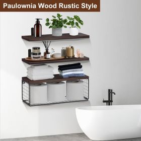 2 In 1 Floating Shelves Wall Mounted With Storage Basket Bathroom Shelves Over Toilet Wooden Shelves For Bedroom Living Room Kitchen Office Wall (Color: Brown)