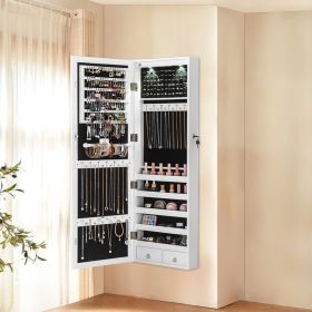 Lockable Wall Mount Mirrored Jewelry Cabinet With LED Lights (Color: White)