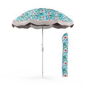6.5 FT Beach Umbrella With Fringe Outdoor Tassel Umbrella With Push Button Tilt (Color: Green)