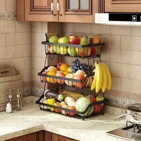 1pc 3-Layer Fruit Basket For Kitchen With 2 Banana Hooks, Suitable For Kitchen, Bread Vegetable Fruit Organizer With Wooden Handle, Large Capacit (Option: JXC094)