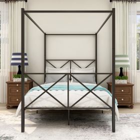 Metal Canopy Bed Frame, Platform Bed Frame With X Shaped Frame Full Black (Option: Queen)