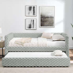 Twin Size Daybed, Upholstered Sofa Bed,The Bottom Pulls Out To Form A Bed ,Striped Corduroy Fabric- Beige 86x43.5x34 (Option: LIGHT GREY2)