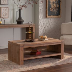 Rectangle Coffee Table With Solid Wood For Living Room, Large 2-Tier Rustic Coffee Table With Storage Shelf, Office And Apartment, Easy Assembly (Option: Natural Wood)