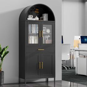 73 Inch Metal Tall Arched Display Cabinet, Metal Arched Bookshelf With Doors,Shelves,Drawers, Modern Freestanding Bookcase For Home Office Bar Li (Color: Black)