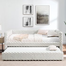 Twin Size Daybed, Upholstered Sofa Bed,The Bottom Pulls Out To Form A Bed ,Striped Corduroy Fabric- Beige 86x43.5x34 (Option: Beige2)