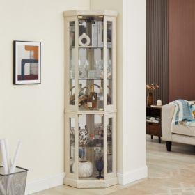 Corner Glass Cabinet Lighted Curio Cabinet Corner Display Case For Living Room, Curio Cabinet, Antique Collection, Wine,Bar Glass Storage Light I (Option: Antique White)