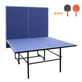 9ft Mid-Size Table Tennis Table Foldable & Portable Ping Pong Table Set For Indoor Games With Net, 2 Table Tennis Paddles And 3 Balls (Color: Blue)