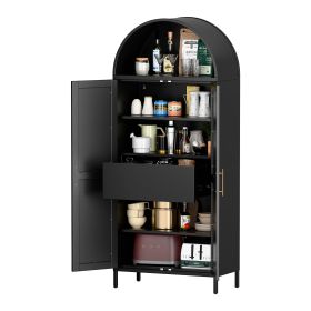 73inch Tall Metal Arched Cabinet, Modern Arch Bookshelf Display Cabinet With Doors,Shelves,Internal Drawers For Home Office Kitchen Bar Living Ro (Color: Black)