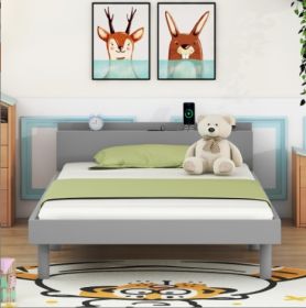 Modern Design Twin Size Platform Bed Frame With USB (Option: Gray)