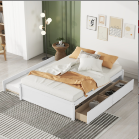 FULL BED WITH TWIN SIZE TRUNDLE AND TWO DRAWERS (Color: White)
