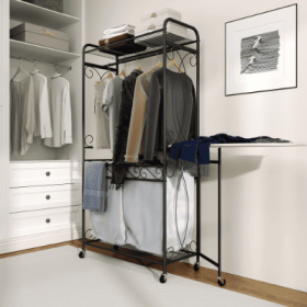 Multi Functional Laundry Hamper Organizer With Hanging Rail And Storage Shelf Rolling Laundry Cart With Wheels, Heavy Duty Metal Frame For Bathro (Color: Black)